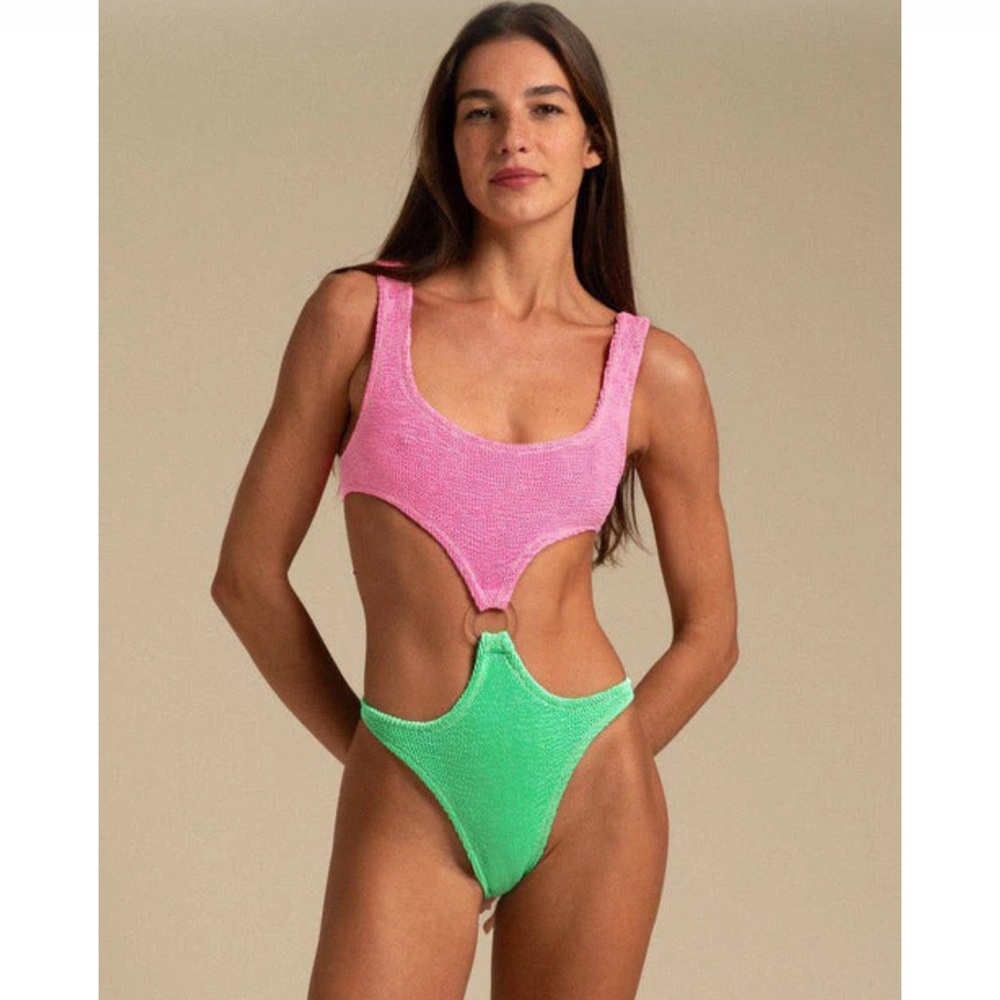 Reina Olga One Size Cut Out Swimsuit Pink Green Crinkle Augusta Style